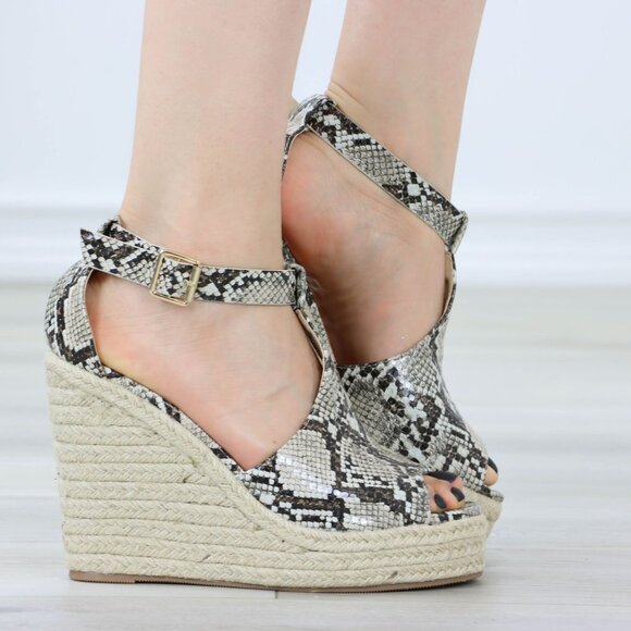 Snake Print Platform Espadrille Wedge Heel Sandals Adjustable Ankle Strap - Picture 2 of 11